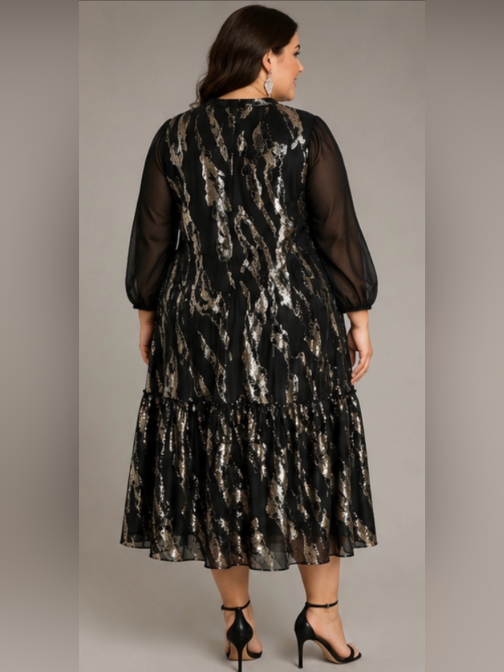 BIANCO & NERO Black Gold Silver
Metallic Shimmer Midi Fully lined Dress
Sz 3X/56